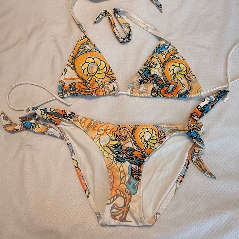 Winki Dragon Print Bikini Triangle Halter Top Side Tie Bottoms Size Small